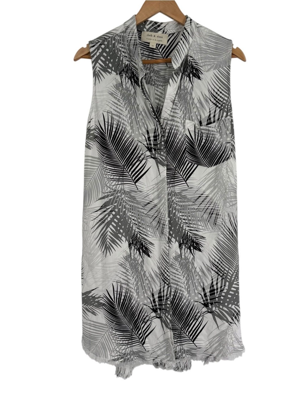 Cloth & Stone Palm Print Shirt Dress Size M Raw Hem Button Up Beachy Sleeveless